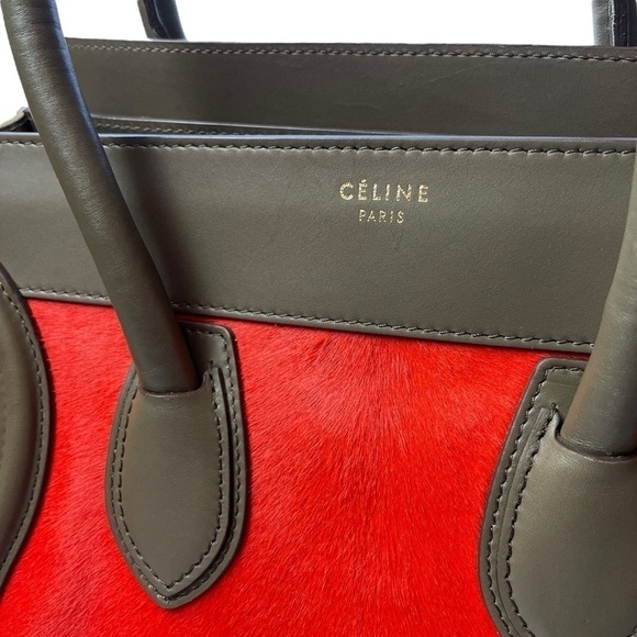 CELINE Tri-Color Pony Hair Calfskin Leather Mini Luggage Tote Bag Red Beige - Picture 6 of 16
